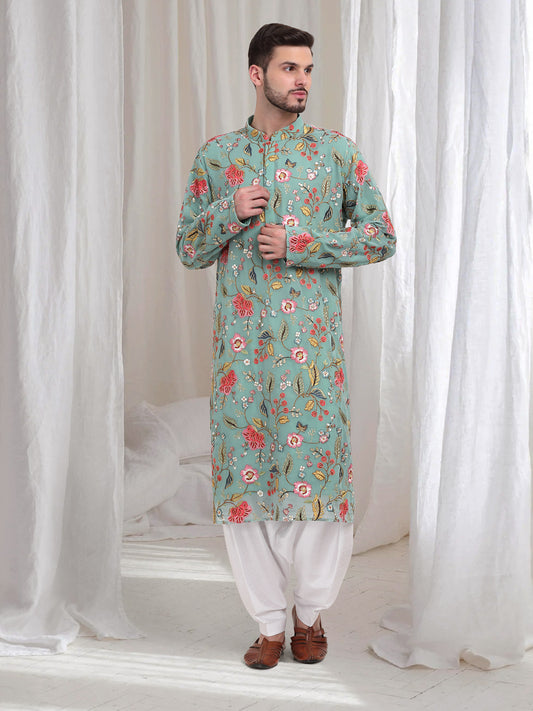 Pushp Vihar  Embroidered FloralKurta Patiala Set - Sea green