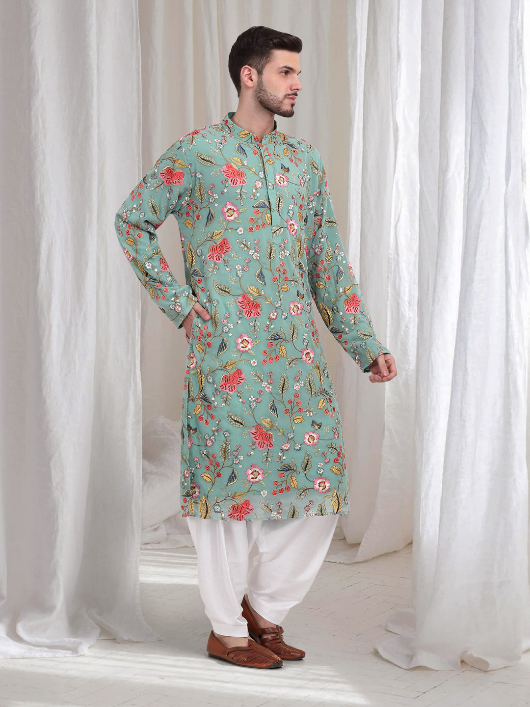 Pushp Vihar  Embroidered FloralKurta Patiala Set - Sea green