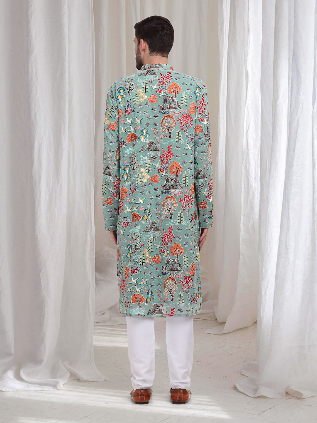 Pushp Mrig  Embroidered Abstract Nature Kurta Churidar Set - Sea Green