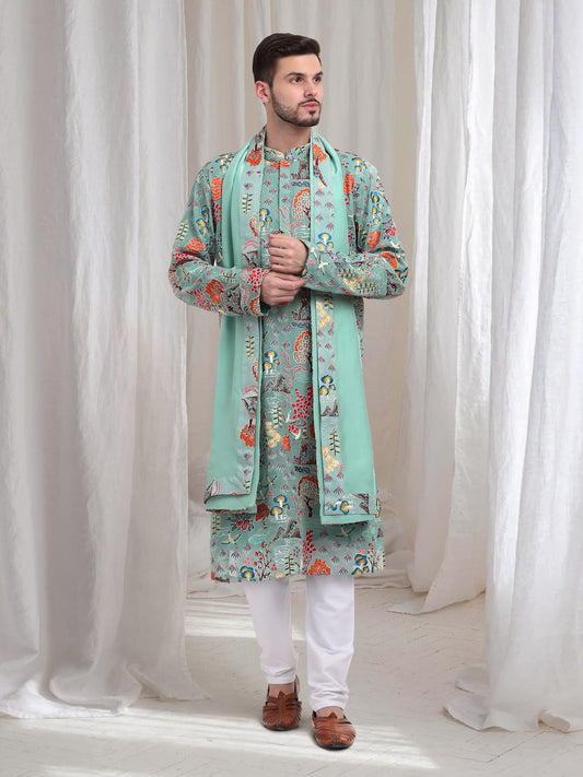 Pushp Mrig  Embroidered Abstract Nature Kurta Churidar Set - Sea Green