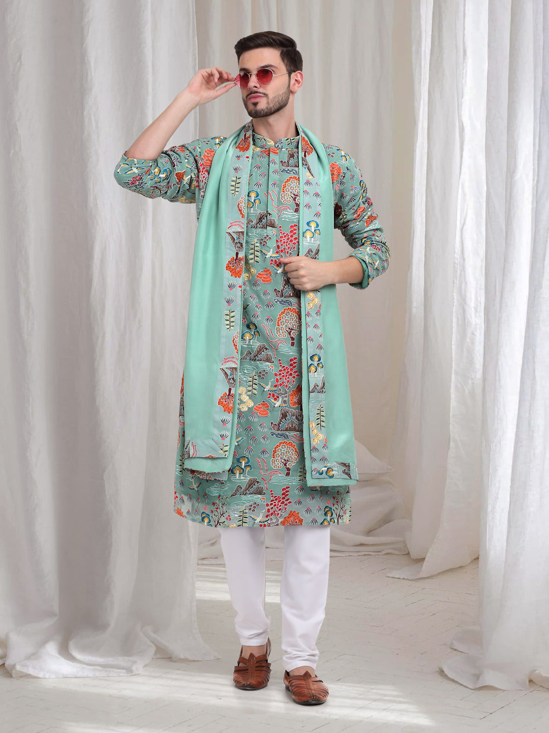 Pushp Mrig  Embroidered Abstract Nature Kurta Churidar Set - Sea Green