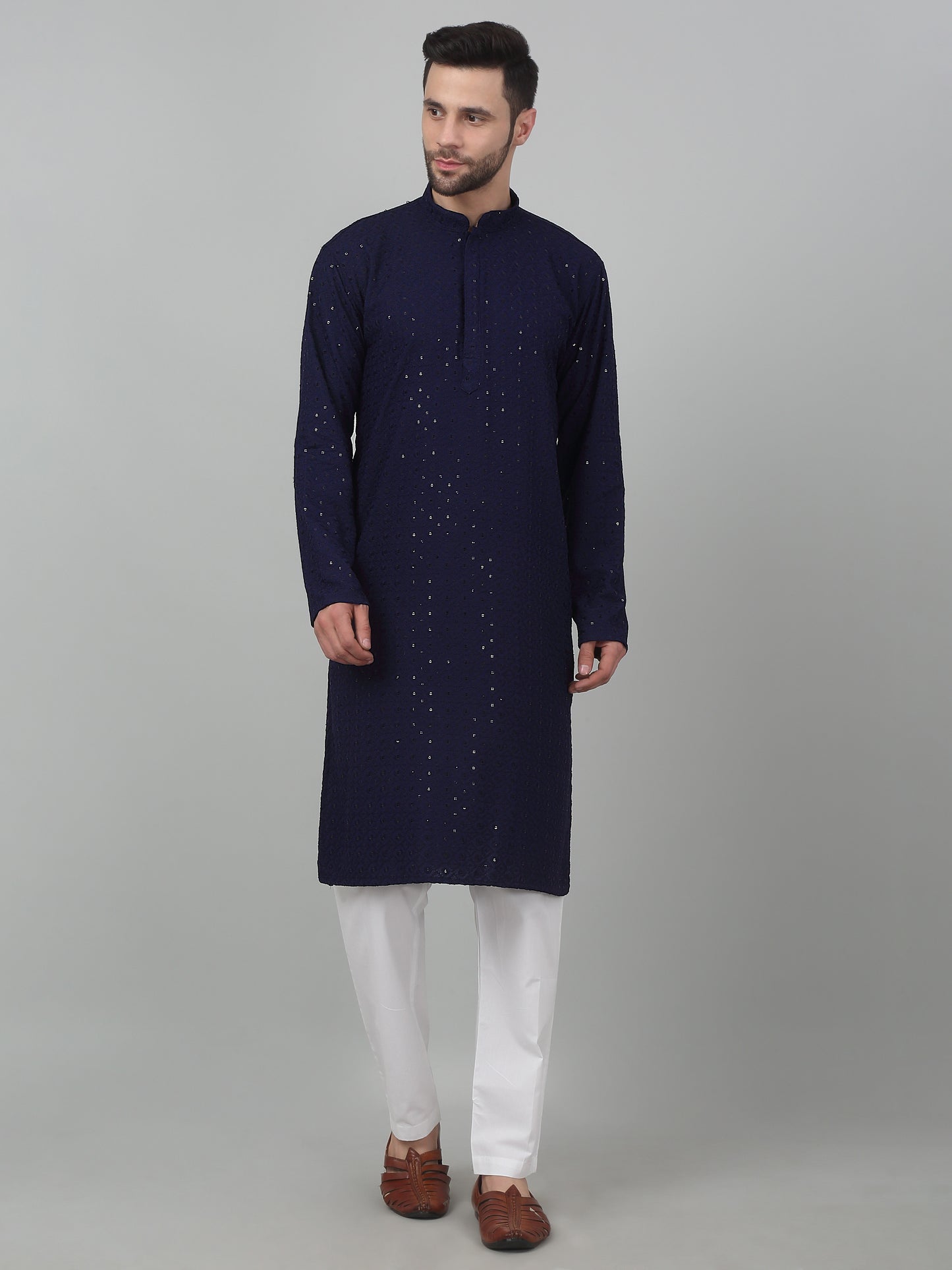 Checkered Pattern Thread Embroidered Kurta Set