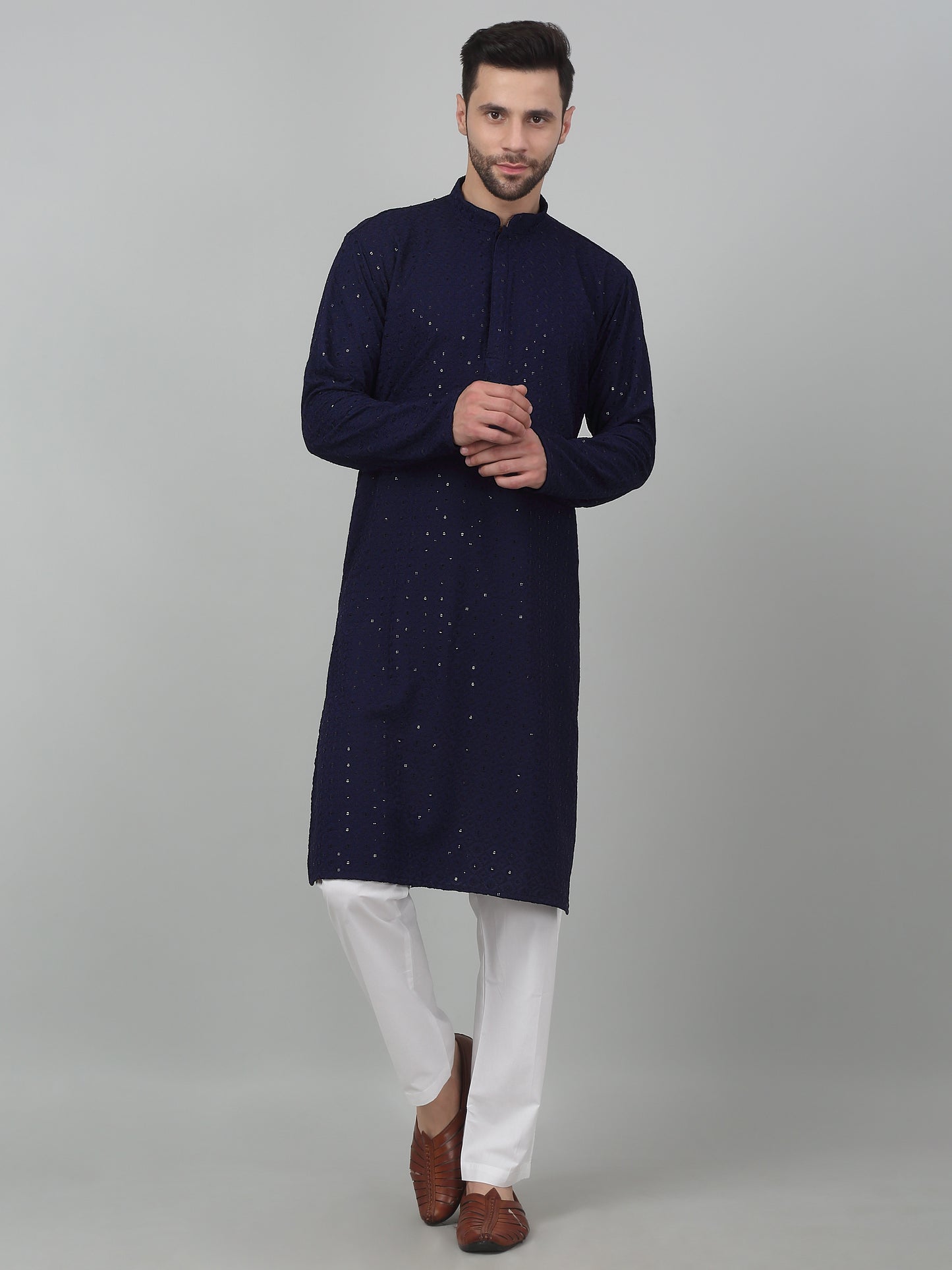 Checkered Pattern Thread Embroidered Kurta Set