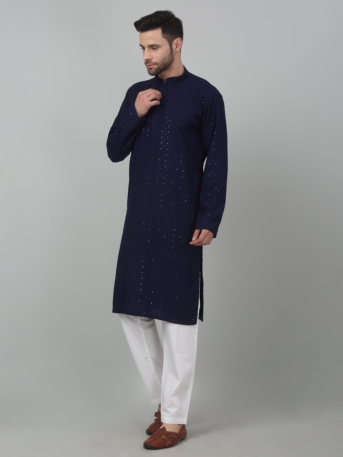 Checkered Pattern Thread Embroidered Kurta Set