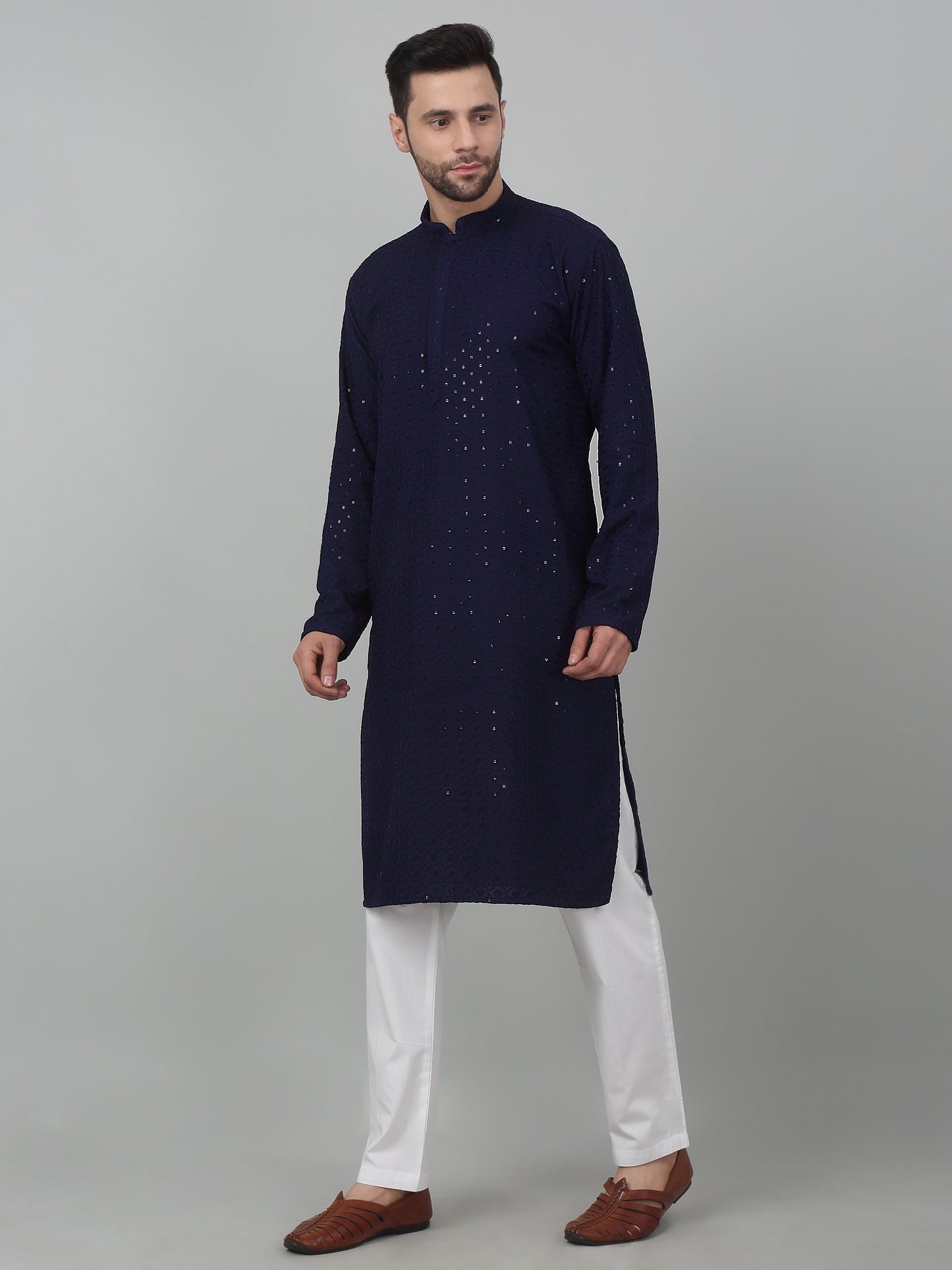 Checkered Pattern Thread Embroidered Kurta Set