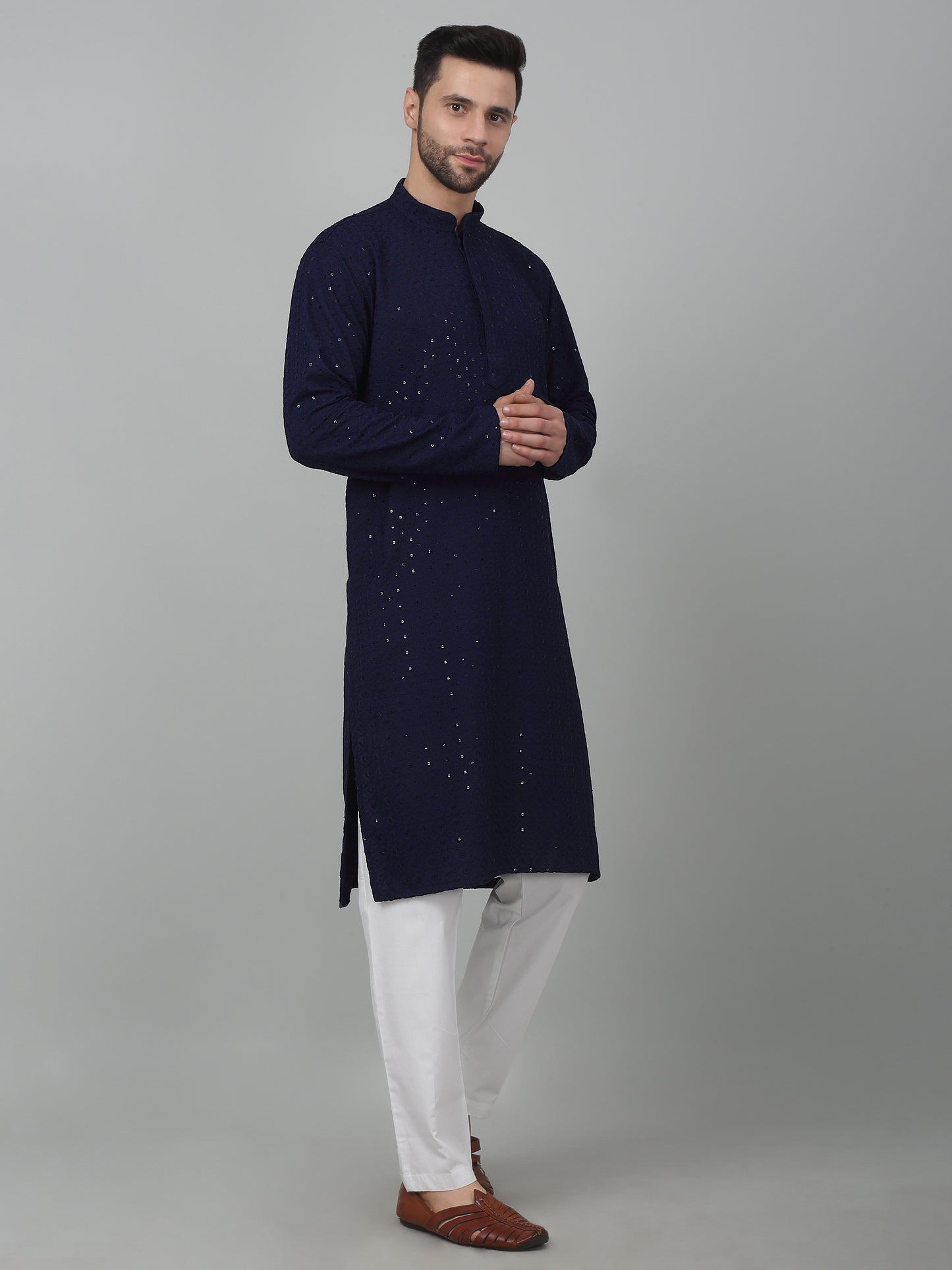 Checkered Pattern Thread Embroidered Kurta Set