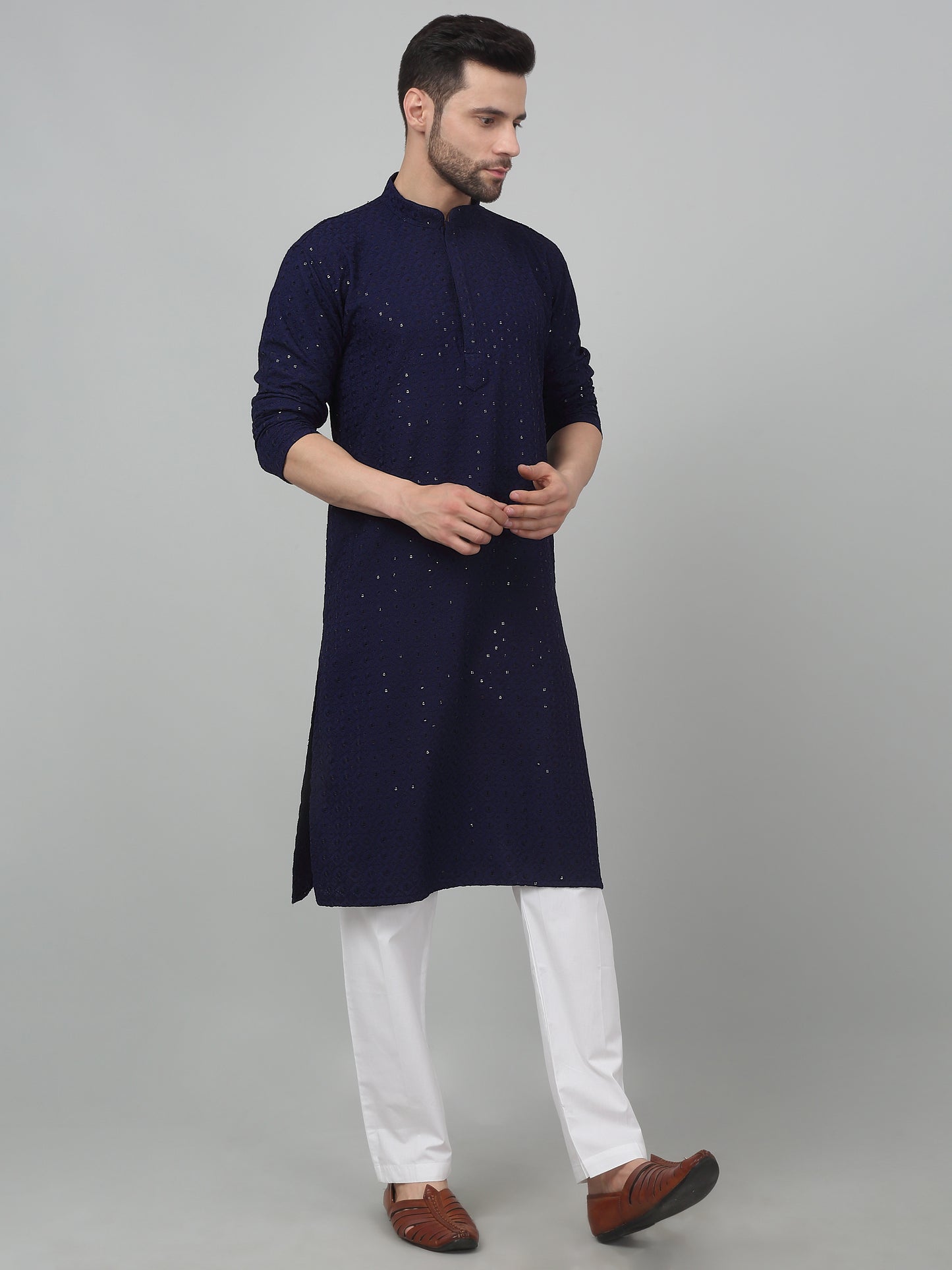 Checkered Pattern Thread Embroidered Kurta Set