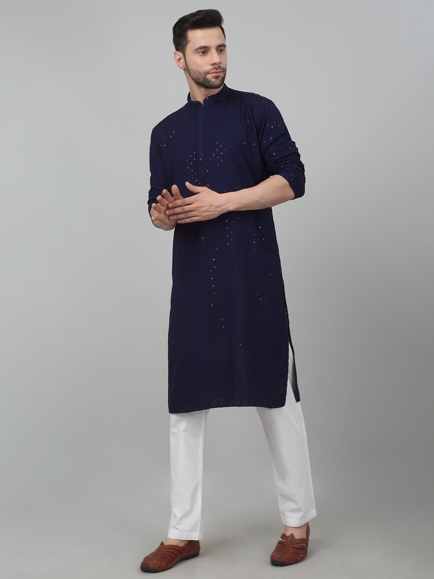 Checkered Pattern Thread Embroidered Kurta Set