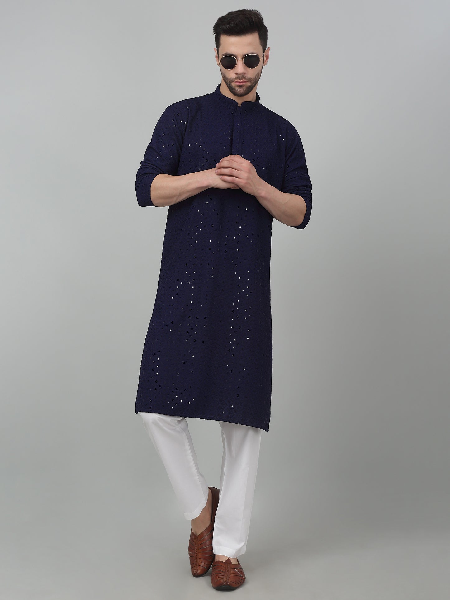 Checkered Pattern Thread Embroidered Kurta Set