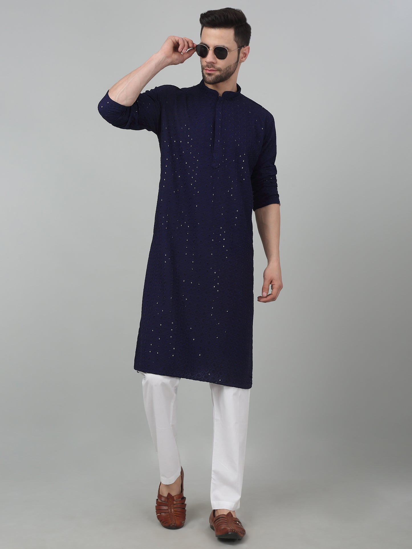 Checkered Pattern Thread Embroidered Kurta Set