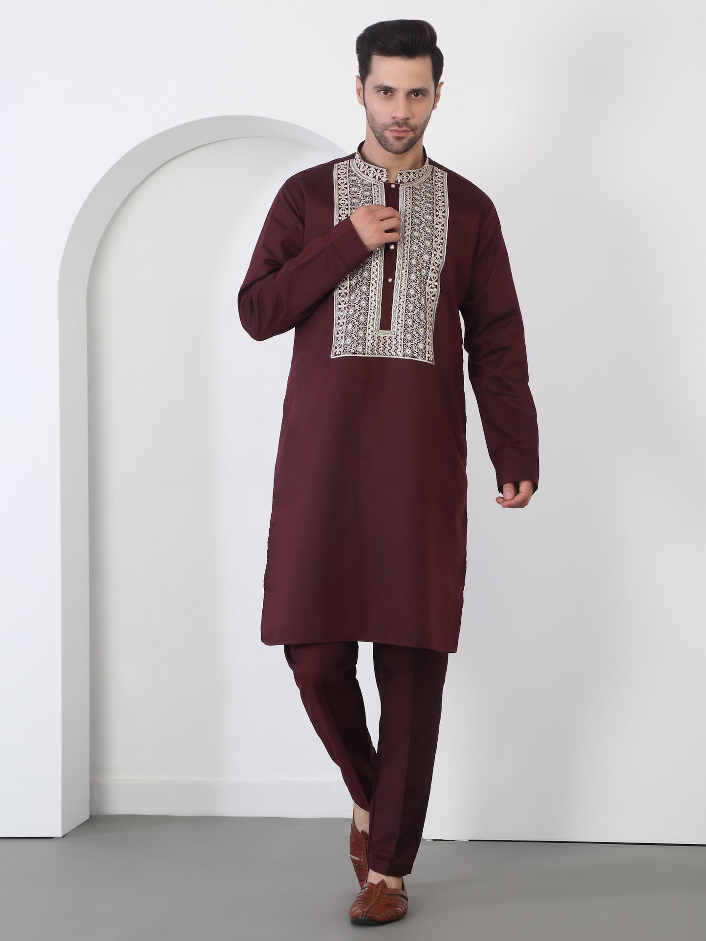 Nawaab Embroidered  Kurta Dupatta Pants Set - Dark Wine