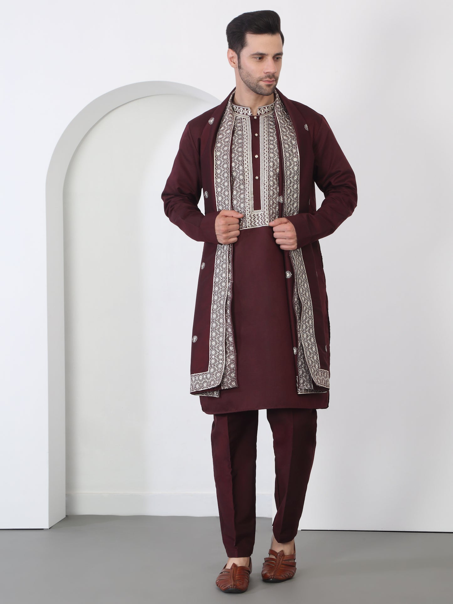 Nawaab Embroidered  Kurta Dupatta Pants Set - Dark Wine