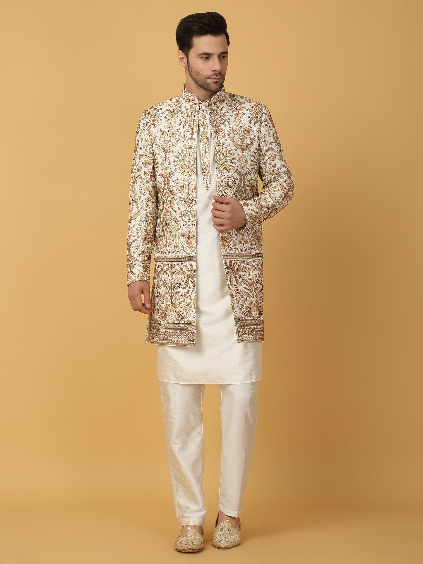 Nizam Embroidered Indo Western Jacket Set - Ivory