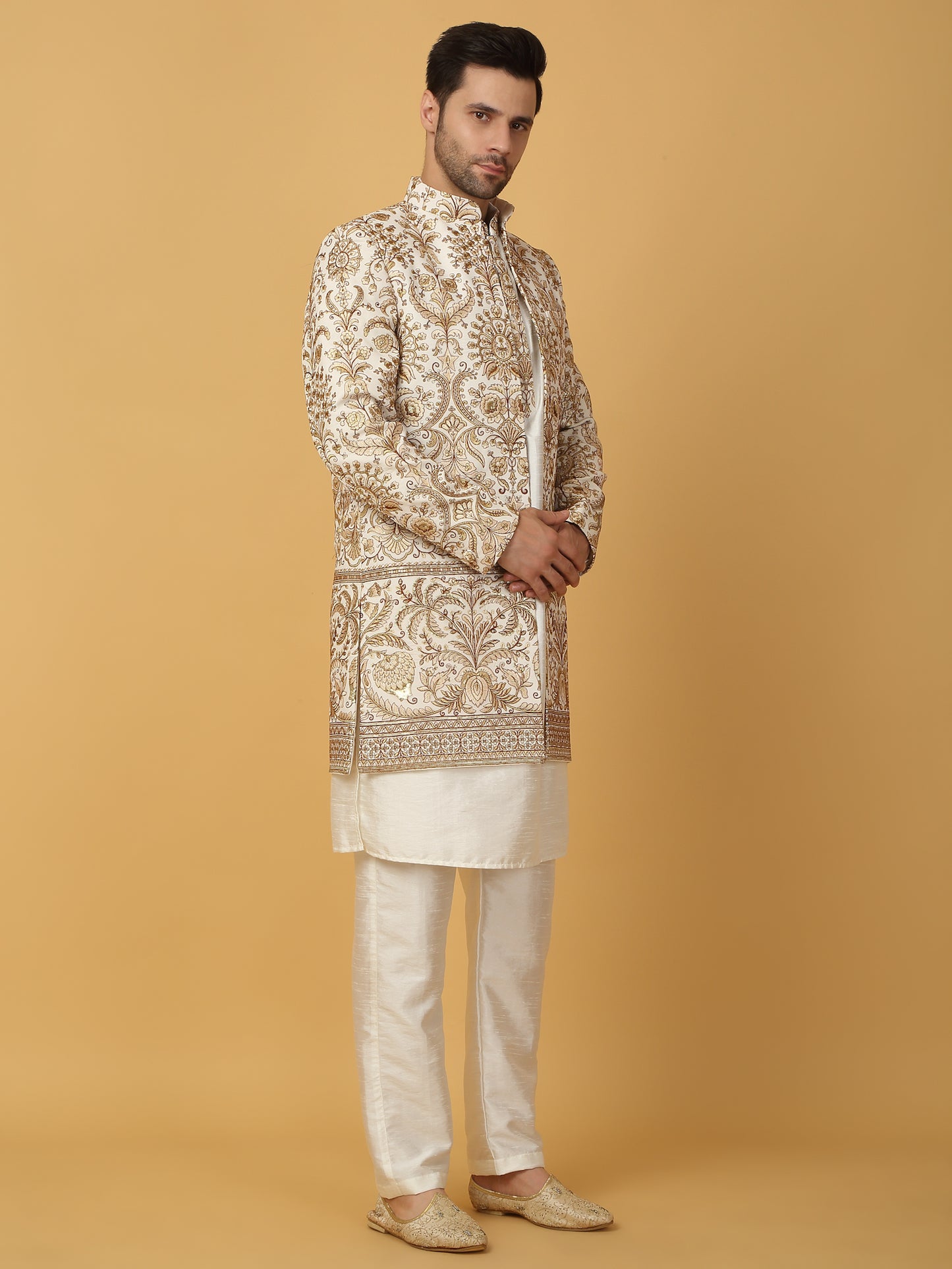 Nizam Embroidered Indo Western Jacket Set - Ivory