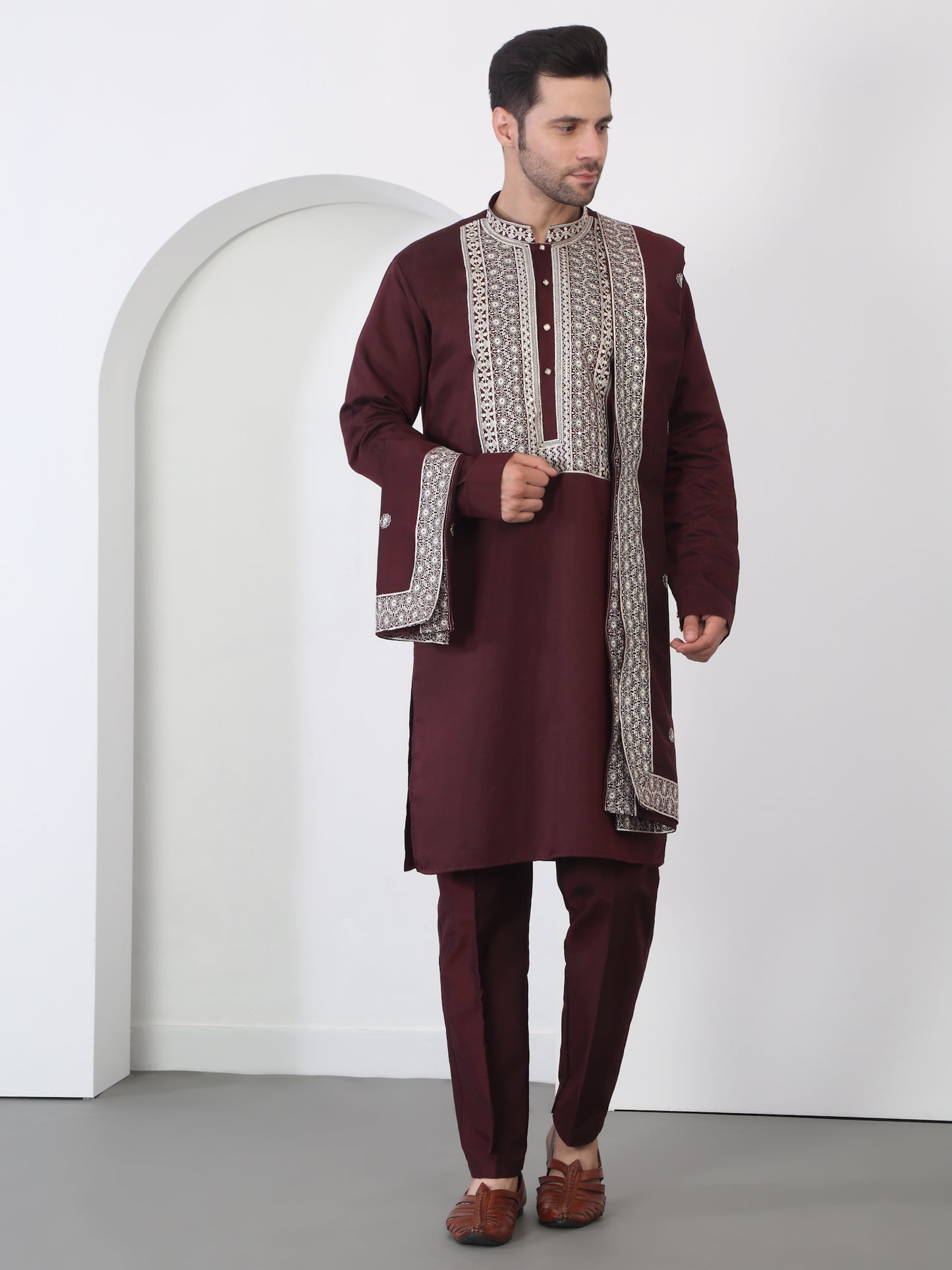 Nawaab Embroidered  Kurta Dupatta Pants Set - Dark Wine