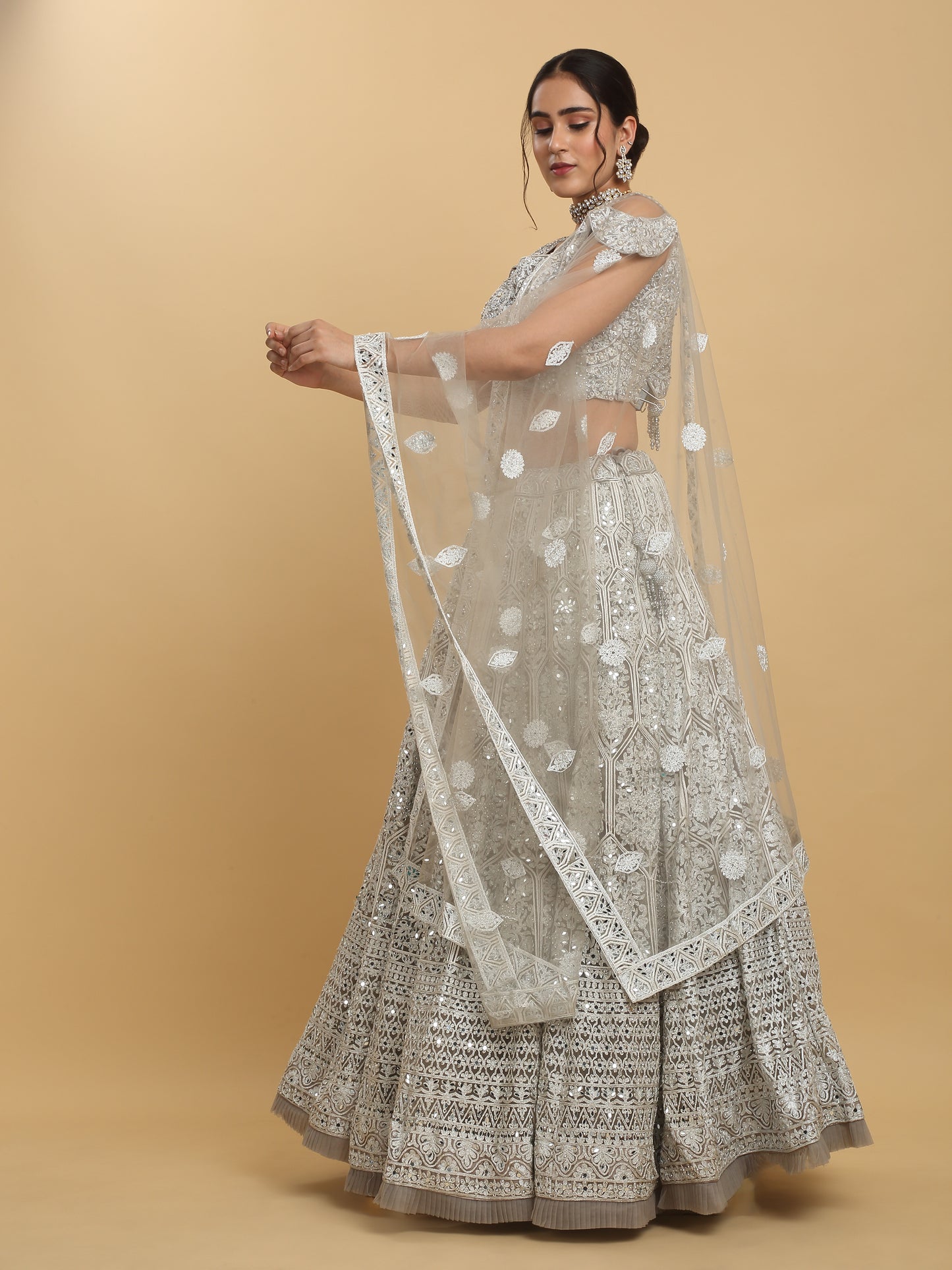 Chandra Kiran Silver Mirror Embroidered  Lehenga Set