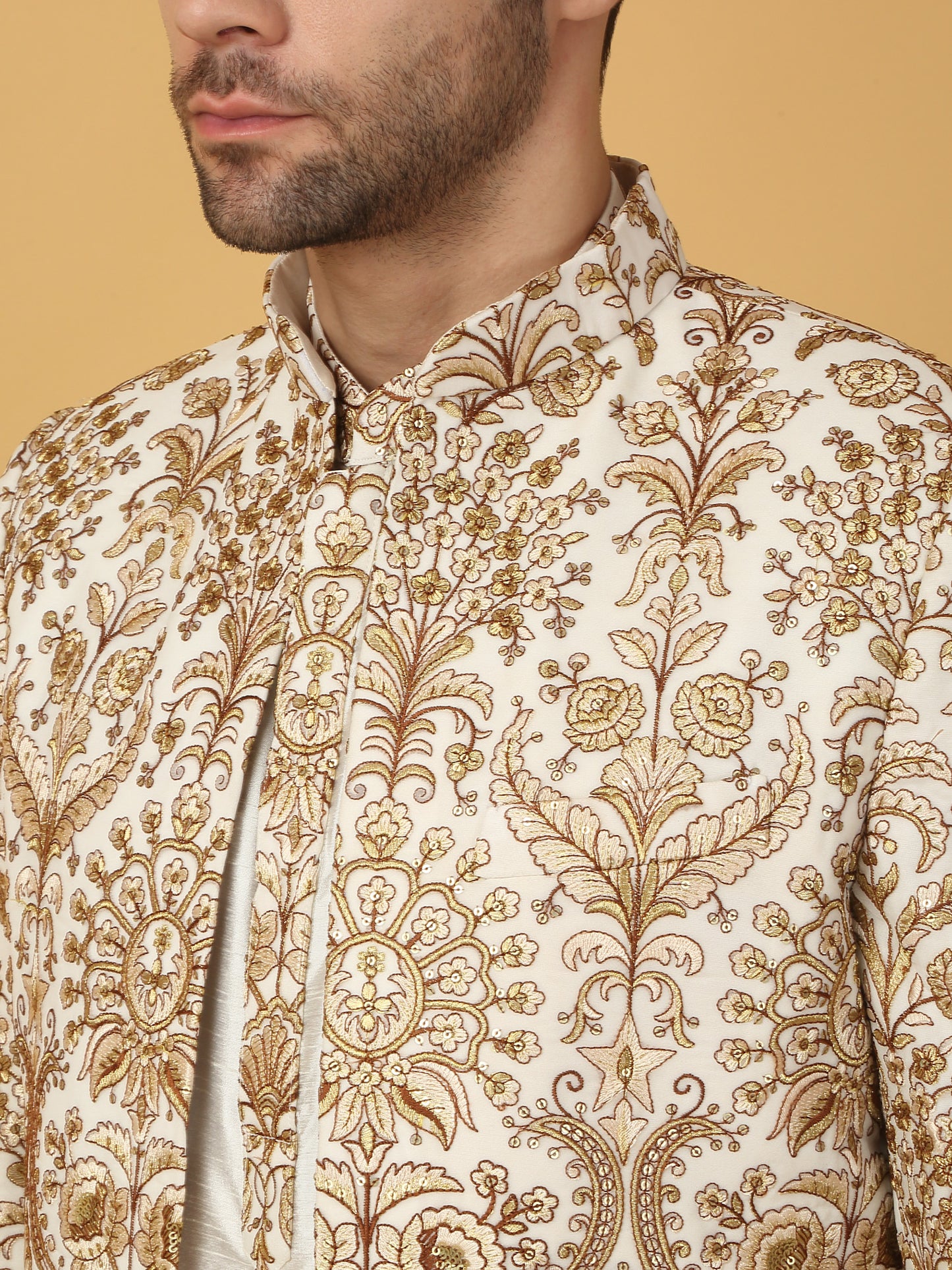 Nizam Embroidered Indo Western Jacket Set - Ivory