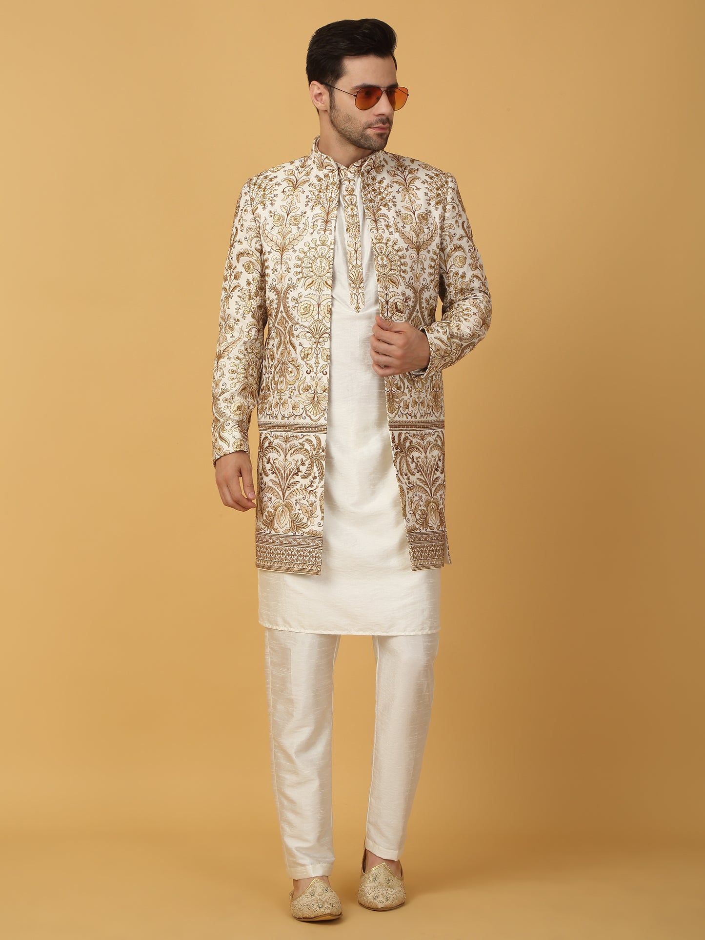 Nizam Embroidered Indo Western Jacket Set - Ivory