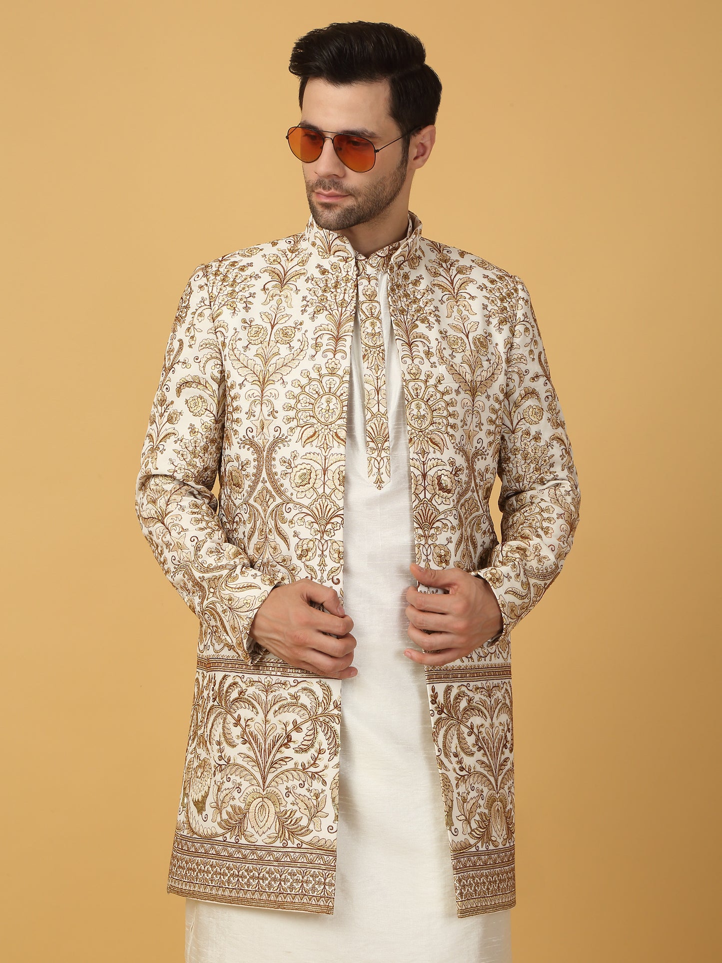 Nizam Embroidered Indo Western Jacket Set - Ivory