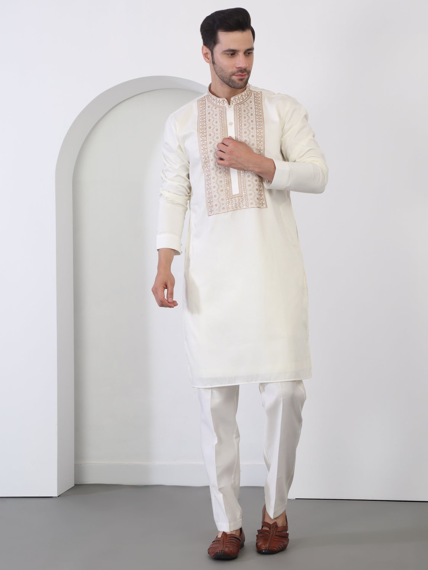 Nawaab Embroidered  Kurta Dupatta Pants Set - Cream