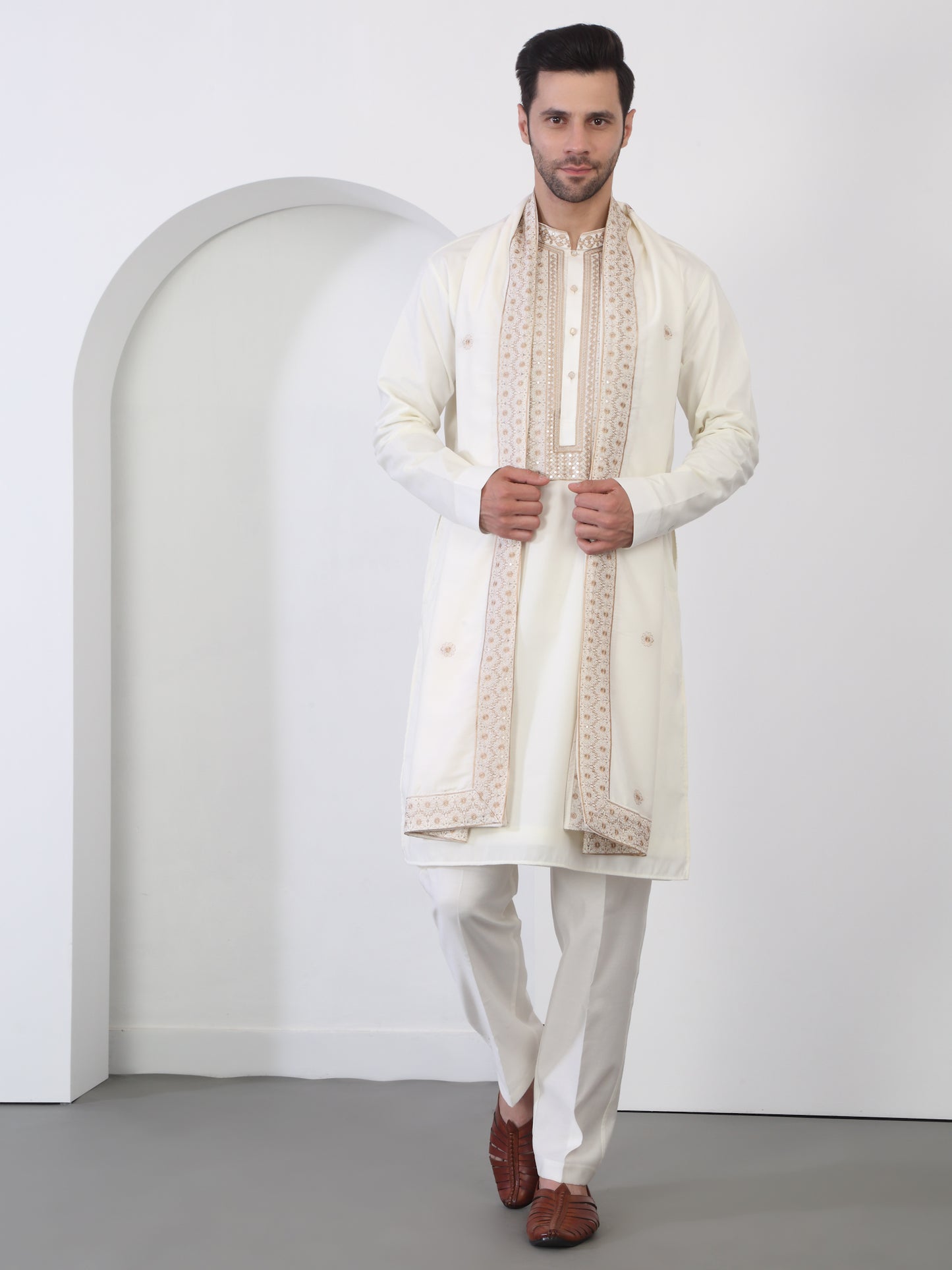 Nawaab Embroidered  Kurta Dupatta Pants Set - Cream