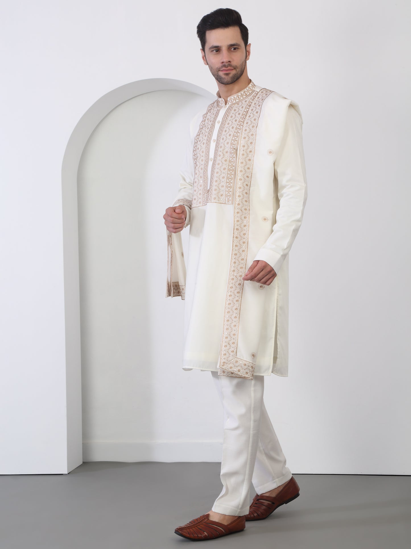 Nawaab Embroidered  Kurta Dupatta Pants Set - Cream