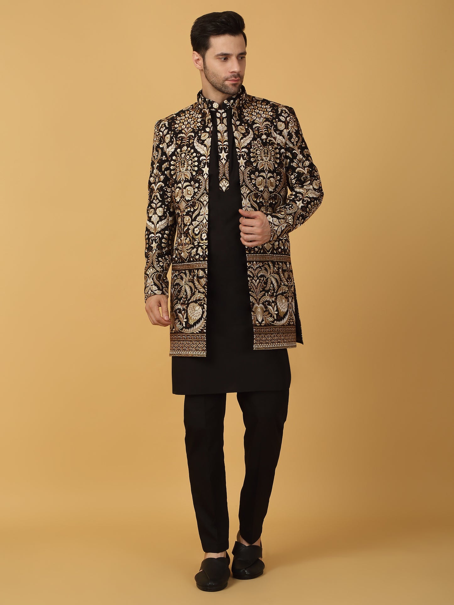 Nizam Embroidered Indo Western Jacket Set - Black