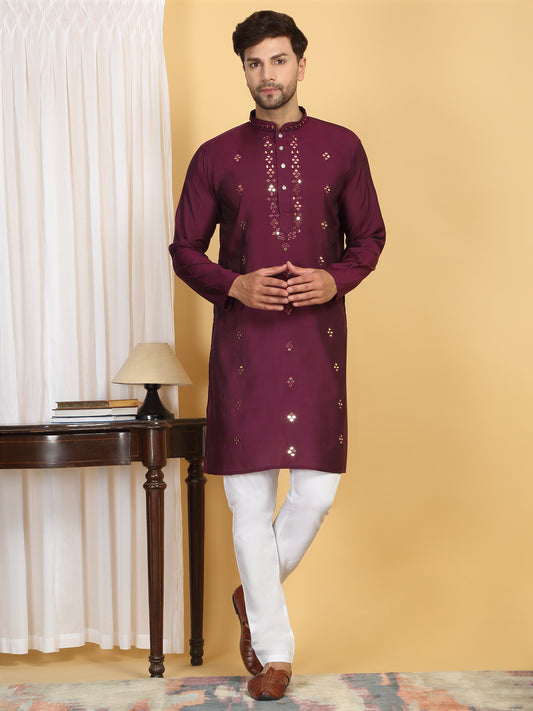 Swarna Mirror Work Kurta And Pant Set - Wine