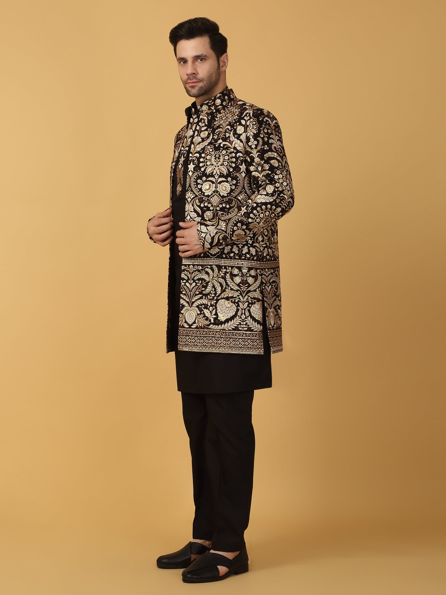 Nizam Embroidered Indo Western Jacket Set - Black