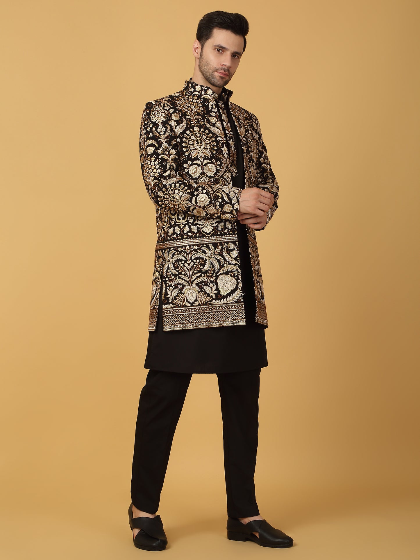 Nizam Embroidered Indo Western Jacket Set - Black