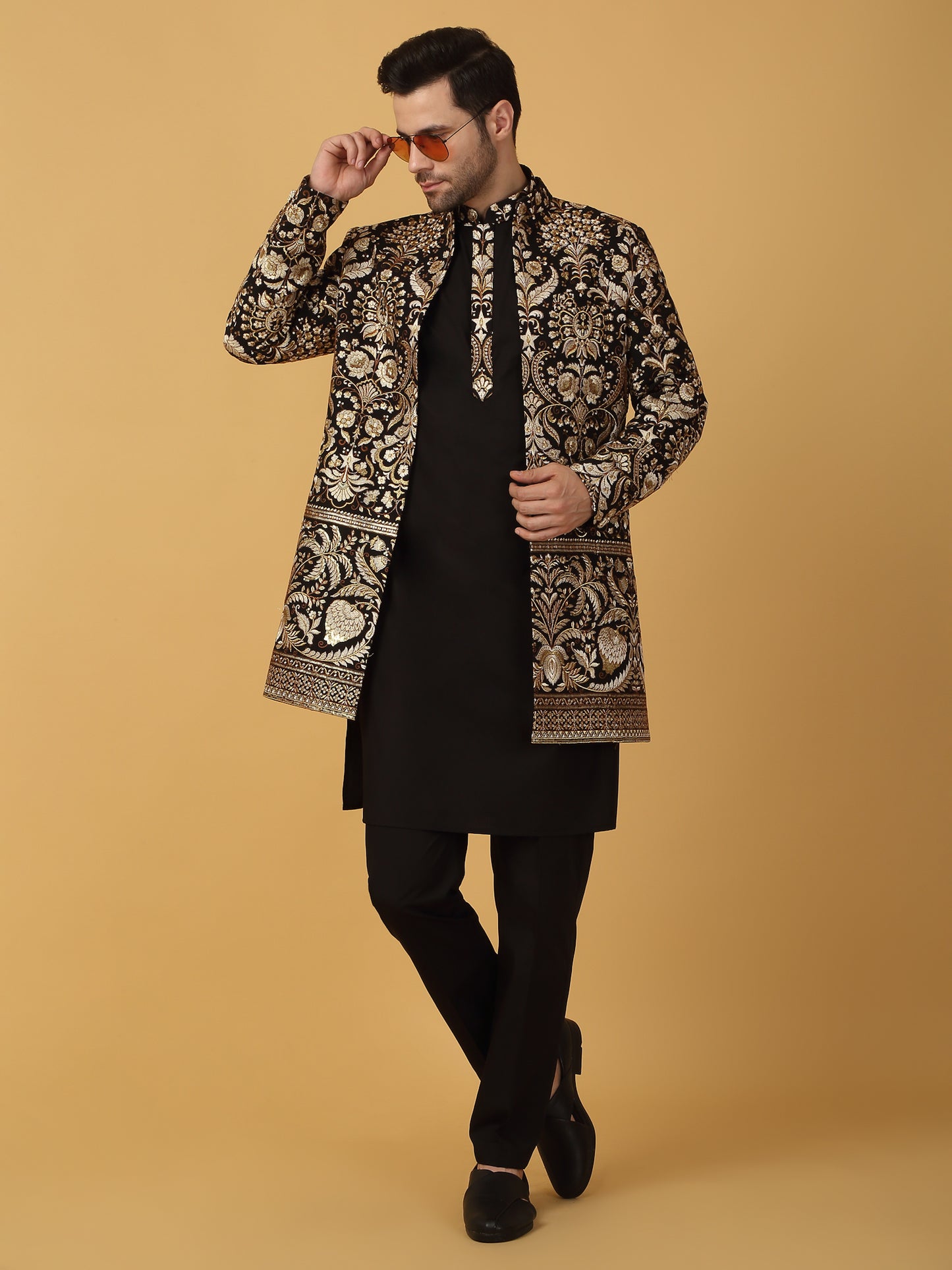 Nizam Embroidered Indo Western Jacket Set - Black