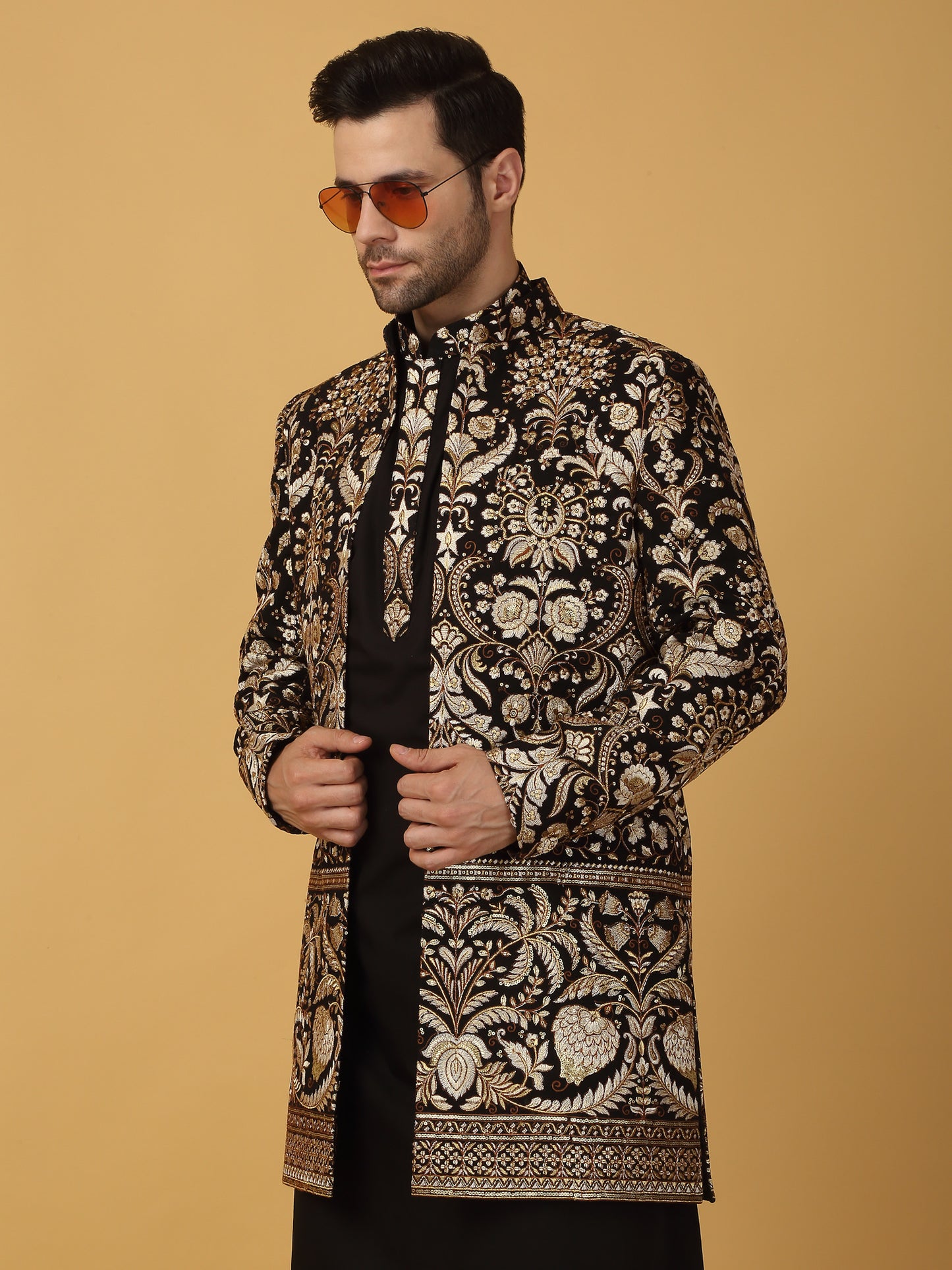 Nizam Embroidered Indo Western Jacket Set - Black