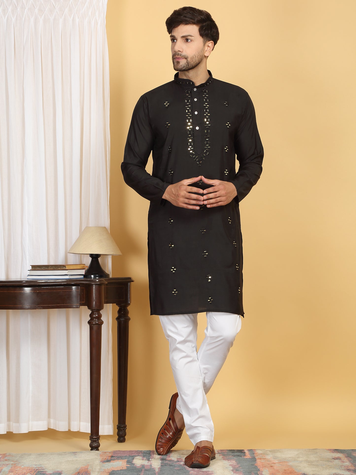 Swarna Mirror Work Kurta And Pant Set - Black