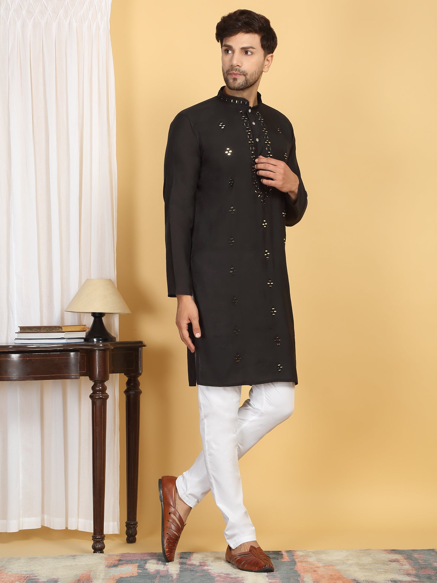 Swarna Mirror Work Kurta And Pant Set - Black