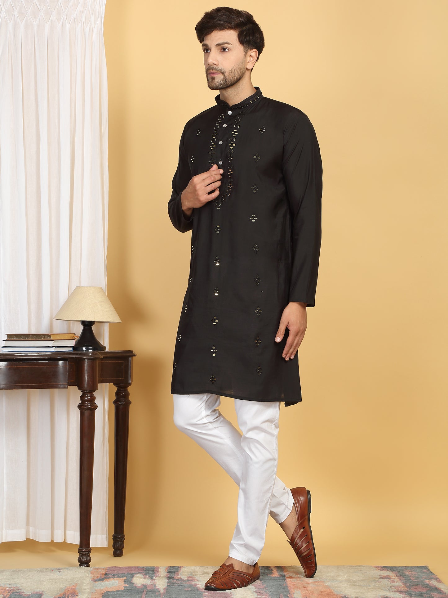 Swarna Mirror Work Kurta And Pant Set - Black