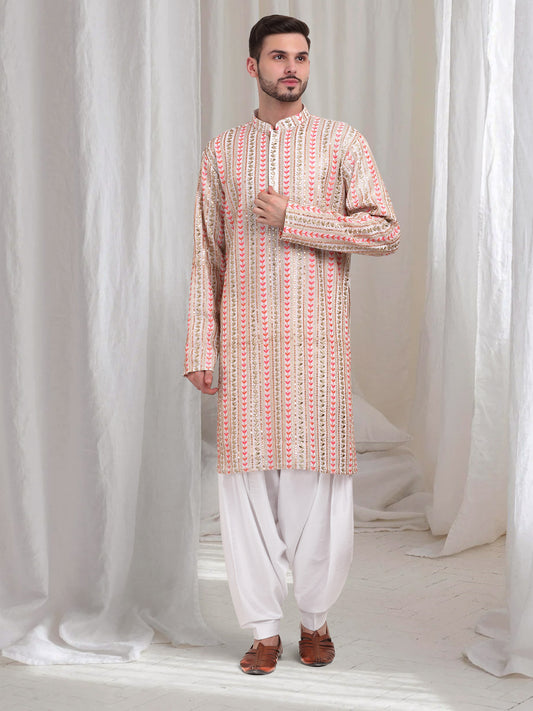 Jalsa Embroidered Linear Floral Kurta Patiala Set - Ivory