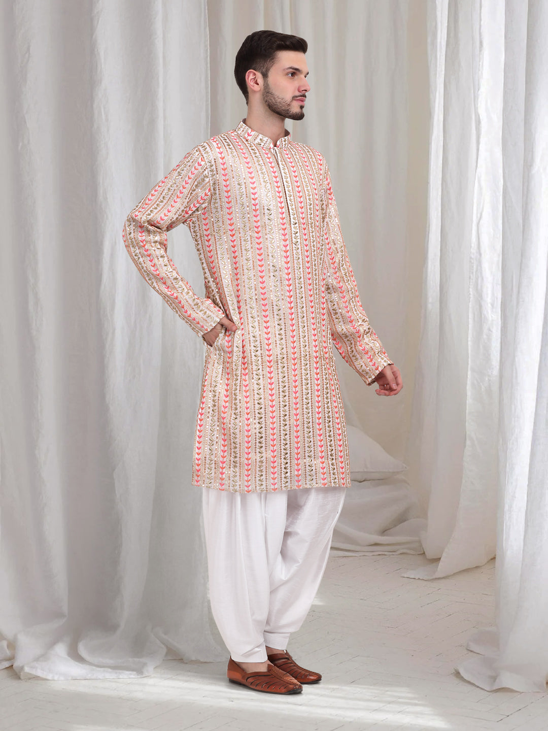 Jalsa Embroidered Linear Floral Kurta Patiala Set - Ivory