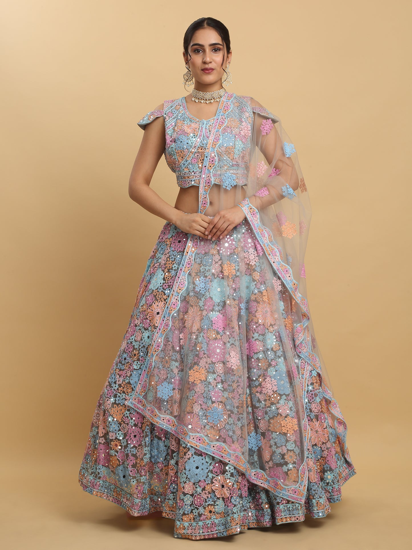 Bahaara  Thread And Mirror Embroidered Layered Lehenga Set