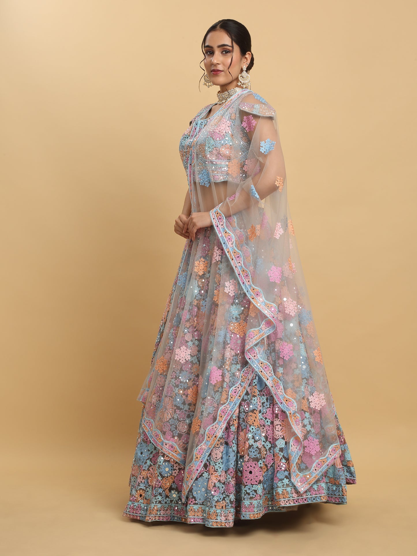 Bahaara  Thread And Mirror Embroidered Layered Lehenga Set