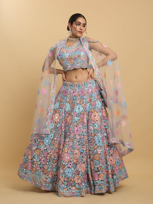 Bahaara  Thread And Mirror Embroidered Layered Lehenga Set