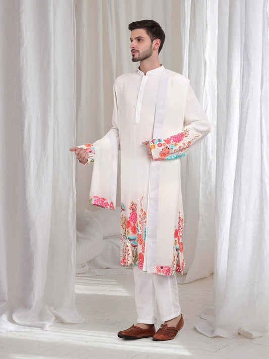 Buta Phool Embroidered Abstract Floral Kurta Pant Set - White