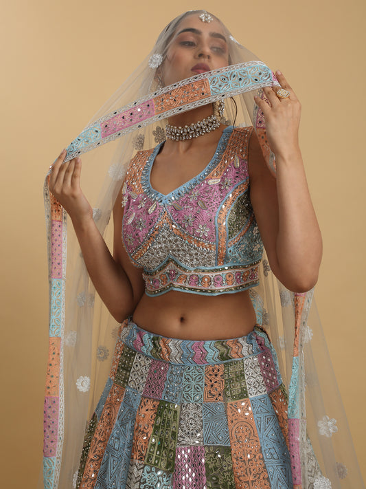 Divyam Multi Colored Thread And Mirror Embroidered Lehenga Set