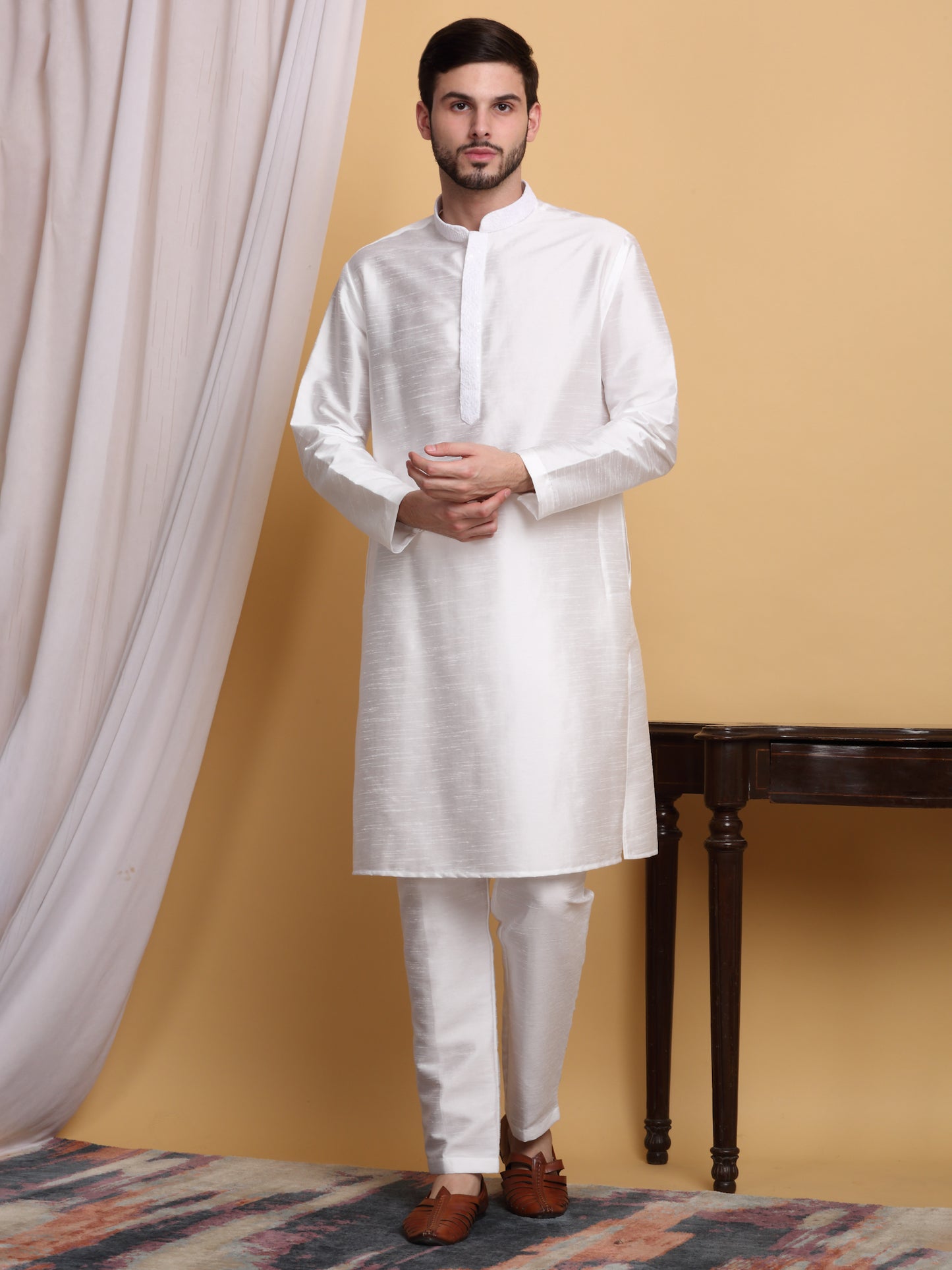 Nakkashkaari Embroidered Open Jacket Kurta Set - Ivory Cream