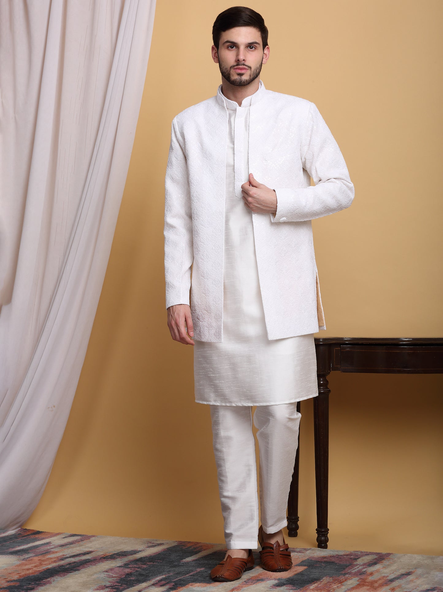 Nakkashkaari Embroidered Open Jacket Kurta Set - Ivory Cream