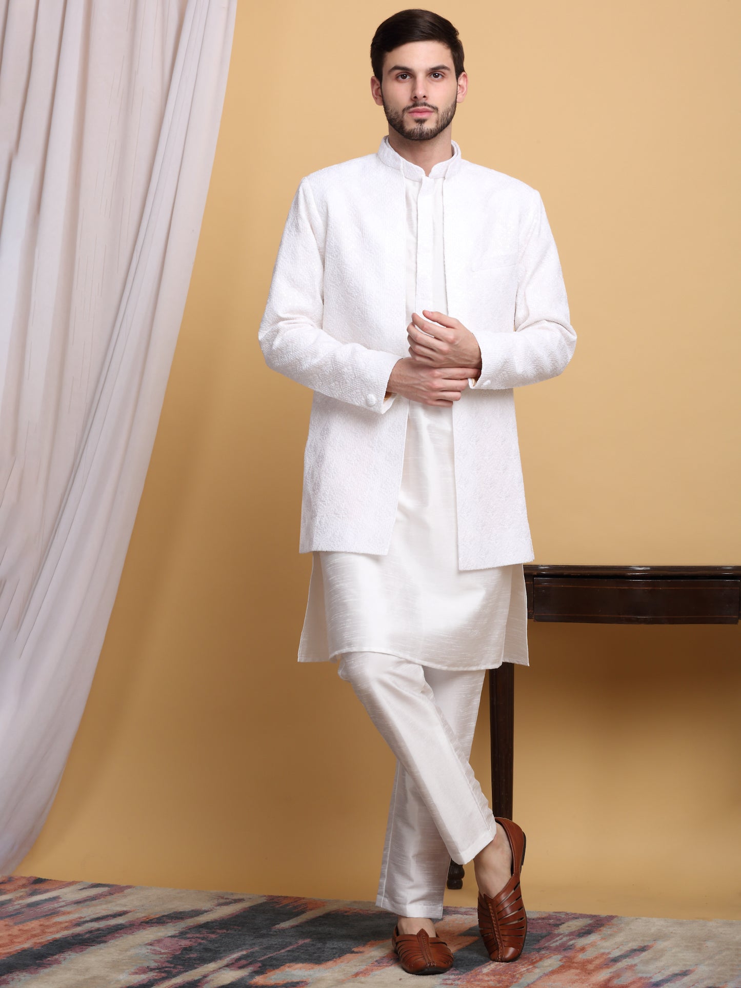 Nakkashkaari Embroidered Open Jacket Kurta Set - Ivory Cream