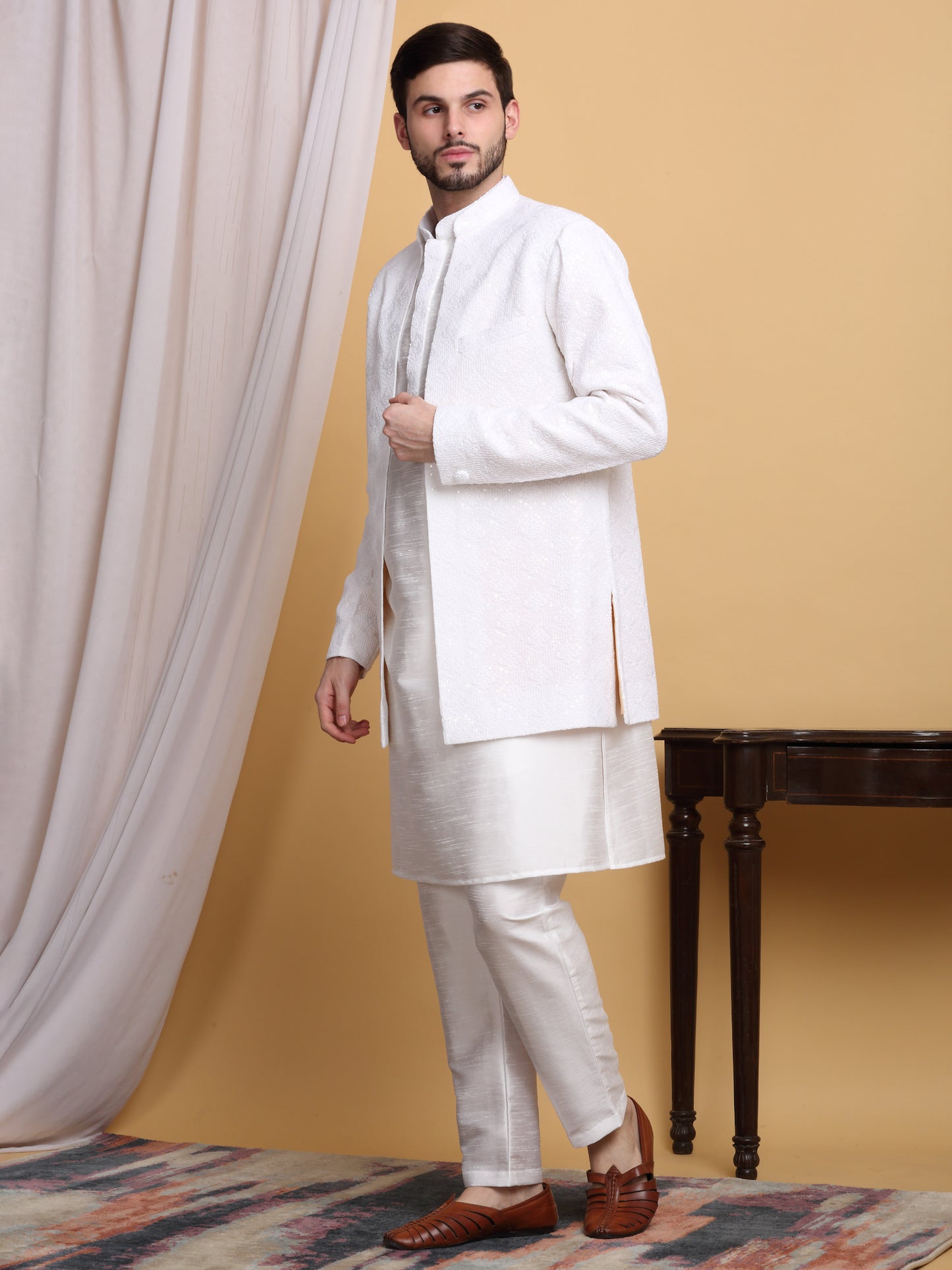 Nakkashkaari Embroidered Open Jacket Kurta Set - Ivory Cream