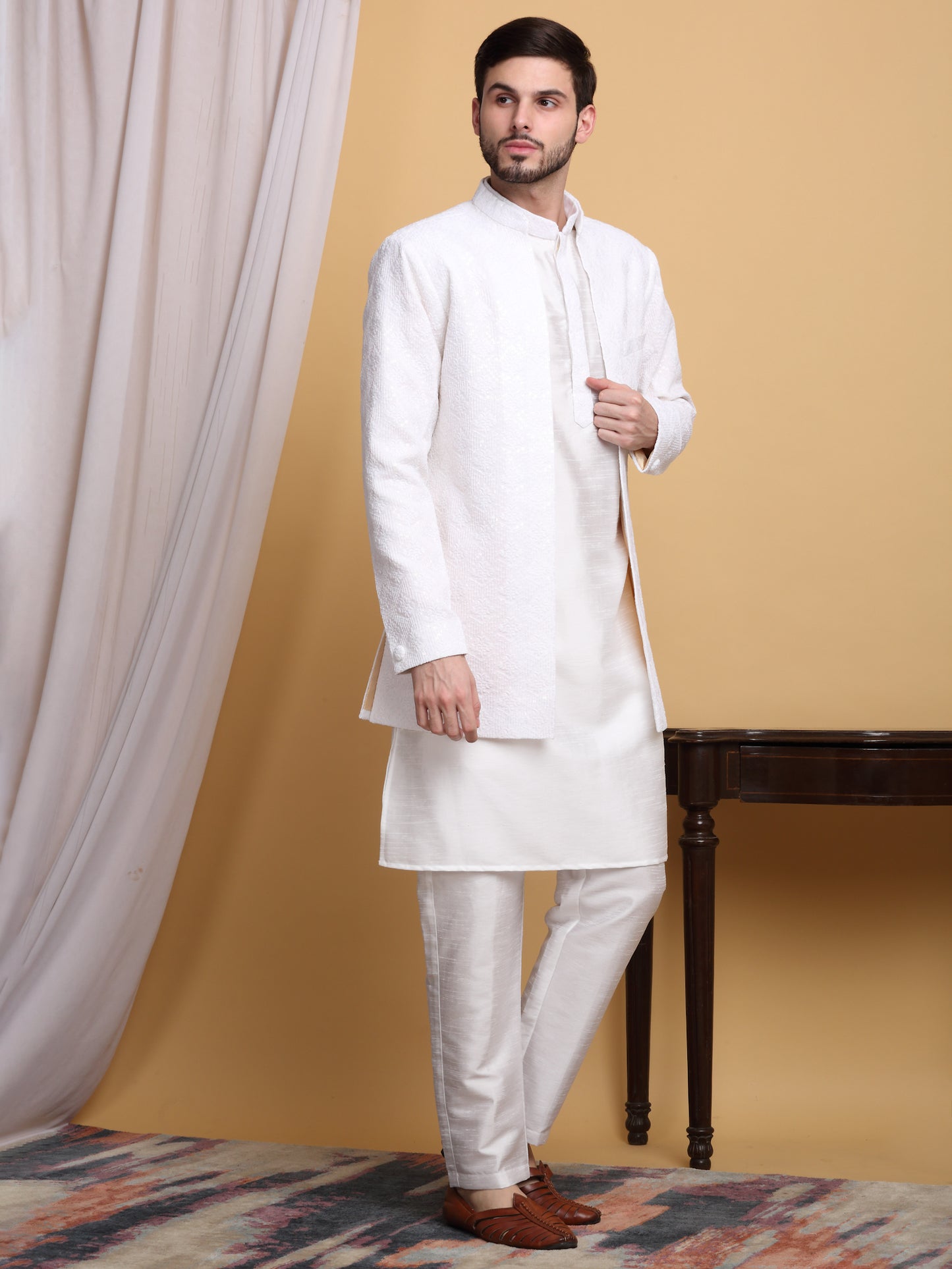 Nakkashkaari Embroidered Open Jacket Kurta Set - Ivory Cream