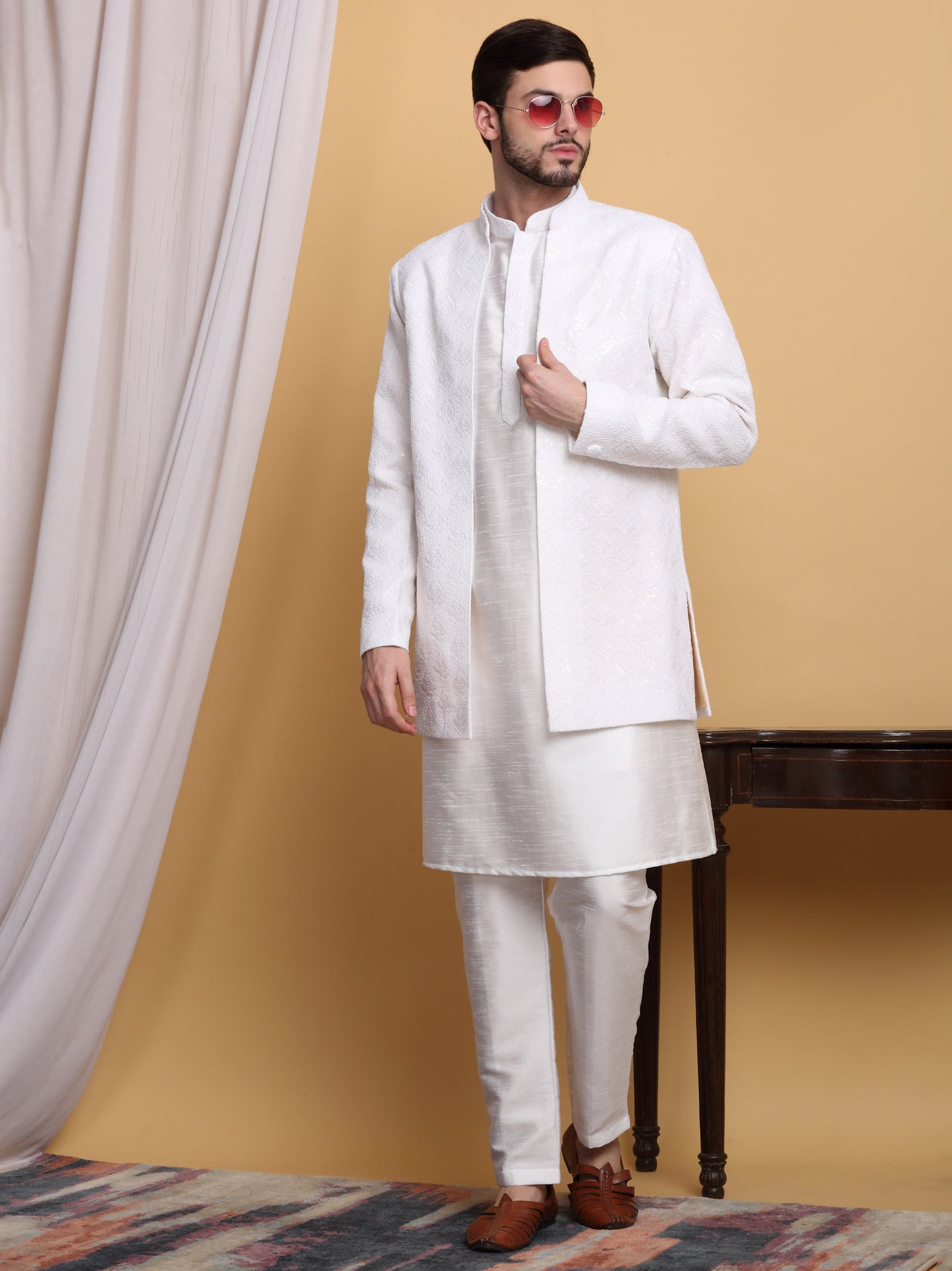 Nakkashkaari Embroidered Open Jacket Kurta Set - Ivory Cream