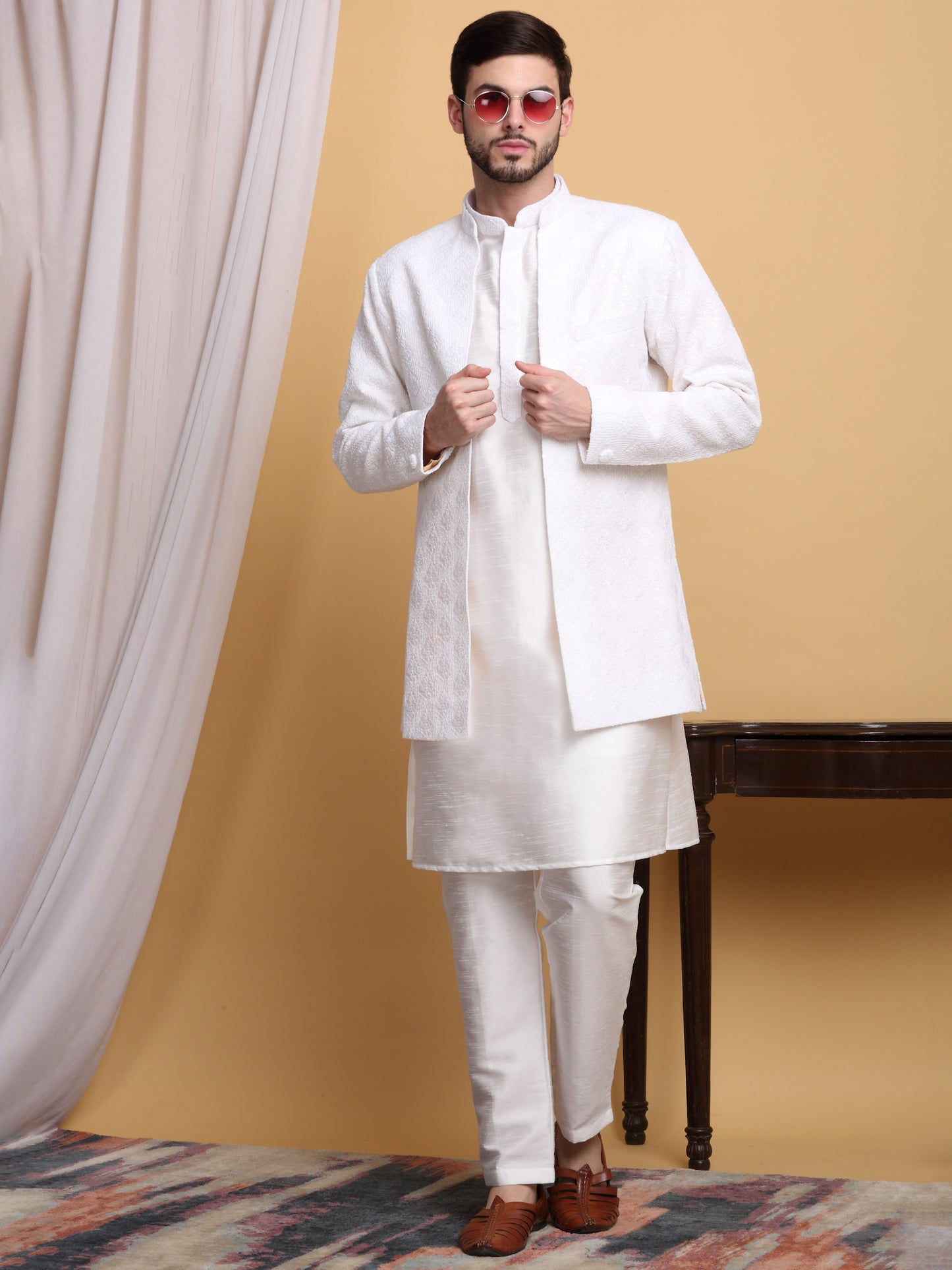 Nakkashkaari Embroidered Open Jacket Kurta Set - Ivory Cream