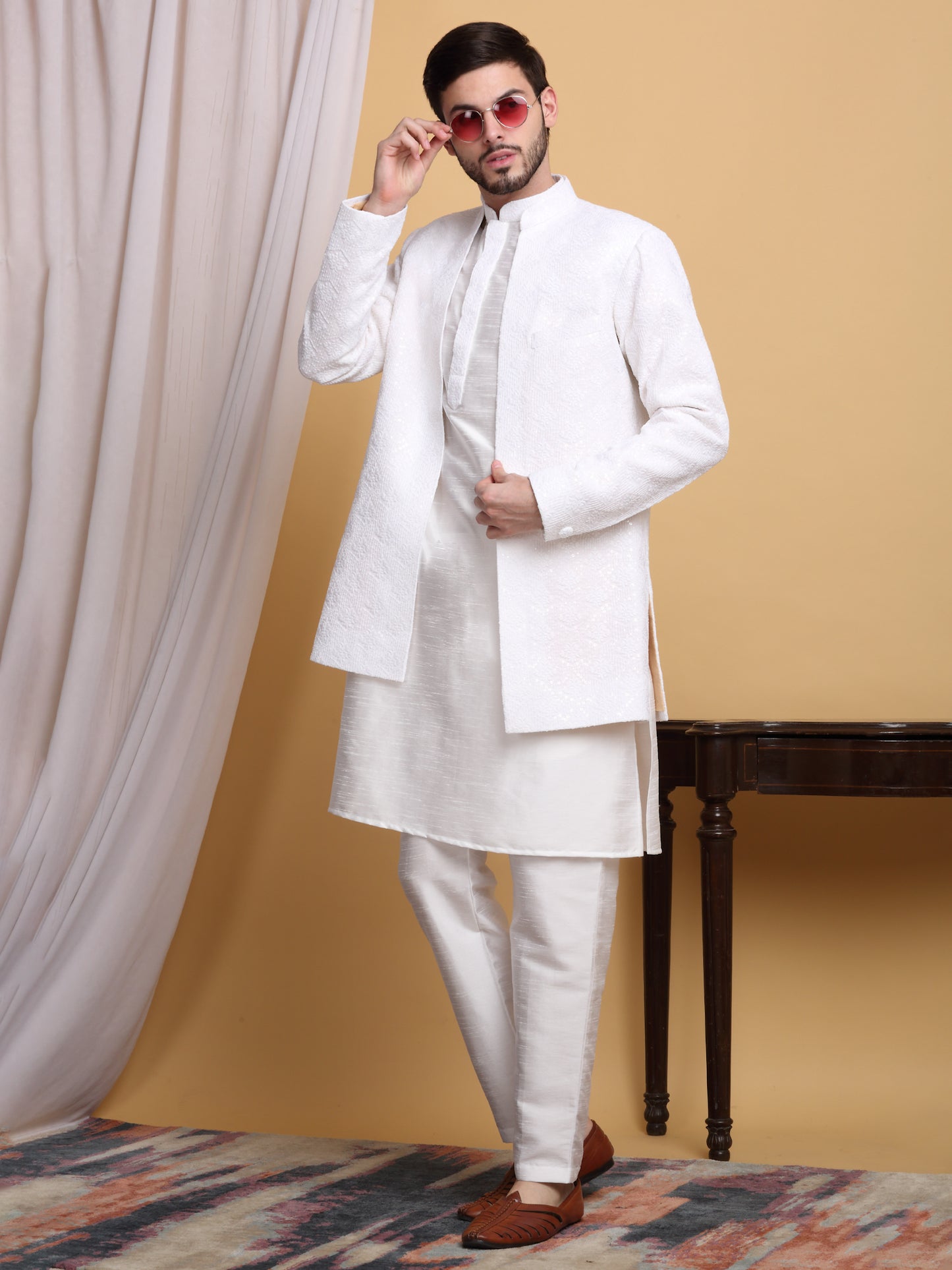 Nakkashkaari Embroidered Open Jacket Kurta Set - Ivory Cream